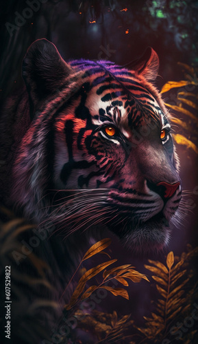 Colorful Iridescent Tiger Emerging from Bushes  Ultra HD Photorealistic Illustration by Generative AI