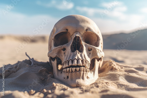 A haunting and mysterious skull rests amidst the vast emptiness of the desert, exuding an eerie and symbolic presence. Generative AI, AI.
