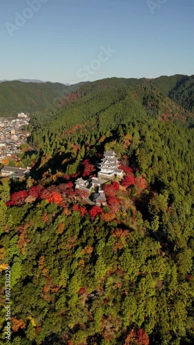 Vertical aerial view of Gujo Hachiman Castle on the hilltop with low clouds and fog, Hachimancho, Japan. photo