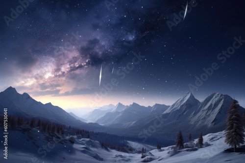 Winter scene with a majestic mountain peak, a star-filled sky, nebula and comet. Generative AI