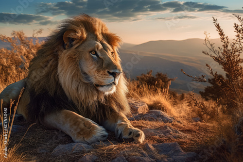In the vast savannah, a majestic lion reigns over its natural domain. With a powerful presence and a regal mane that commands attention. Generative Ai, Ai.