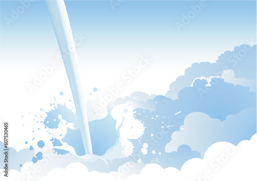 milky water pours and splashes into the blue clouds