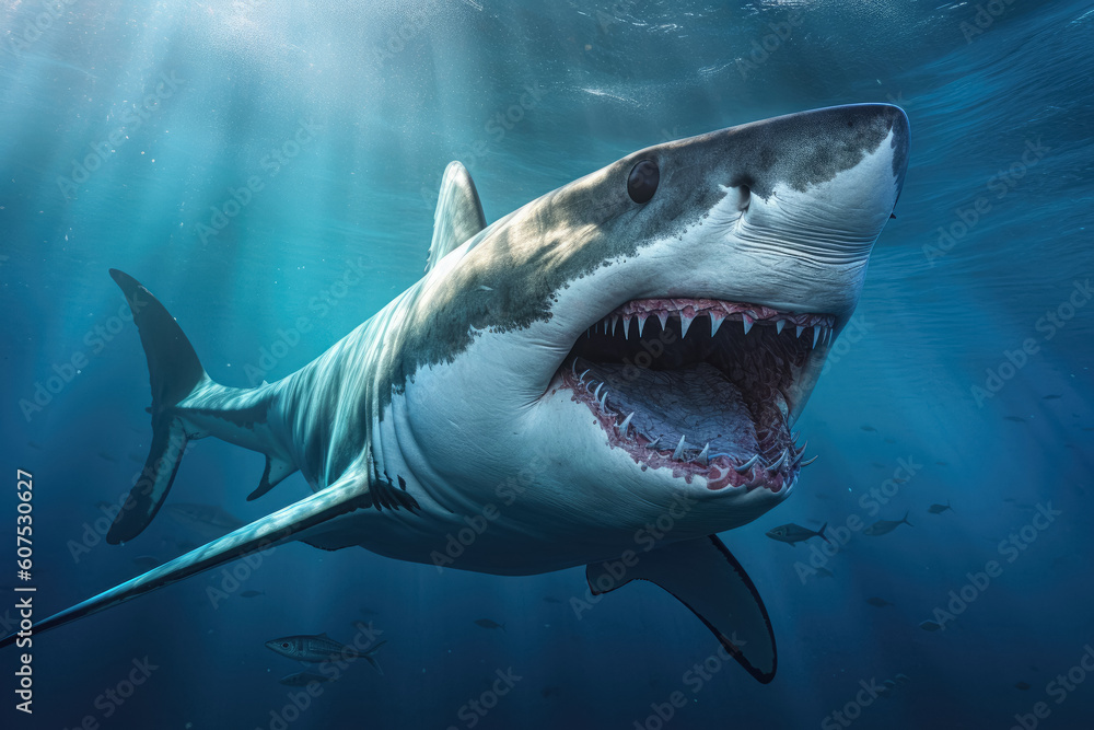 Naklejka premium A magnificent great white shark, an apex predator of the ocean, showcasing the enigmatic beauty of marine life and the importance of wildlife conservation. Generative Ai, Ai.