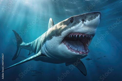A magnificent great white shark, an apex predator of the ocean, showcasing the enigmatic beauty of marine life and the importance of wildlife conservation. Generative Ai, Ai.