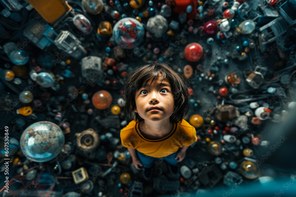Child in a room filled with glass rubbish, looking up, generative AI illustration Child in a room filled with glass rubbish, looking up, generative AI illustration