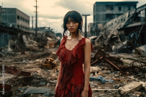 Asian woman wearing a red dress, standing in a city in rubble, generative AI