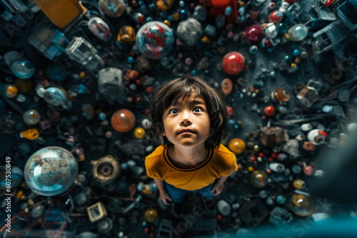 Child in a room filled with glass rubbish, looking up, generative AI illustration