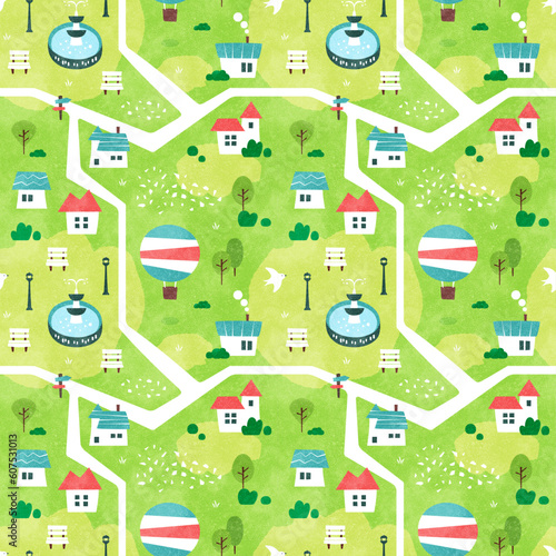 噴水のある公園と家の背景パターン シームレスな水彩風景イラスト