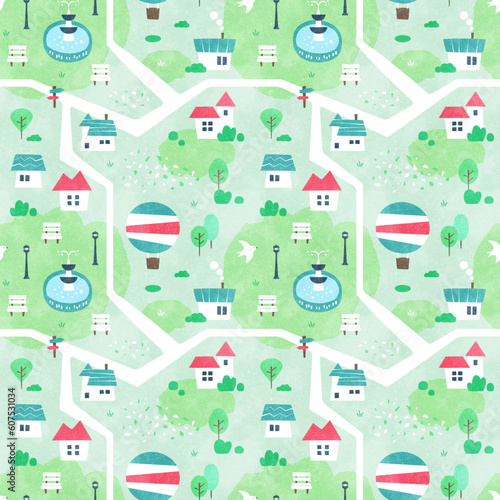 噴水のある公園と家の背景パターン シームレスな水彩風景イラスト