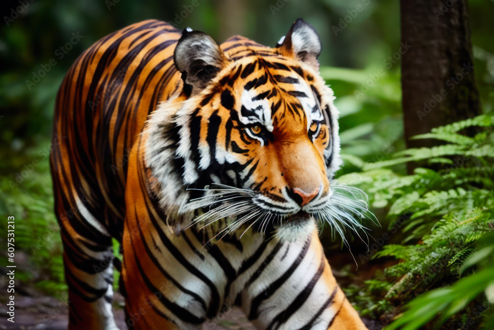 Digital photo of a bengal tiger in summer tropical rain forest. Wildlife imagery, the concept of ecological environment. Generative AI Digital photo of a bengal tiger in summer tropical rain forest. Wildlife imagery, the concept of ecological environment. Generative AI