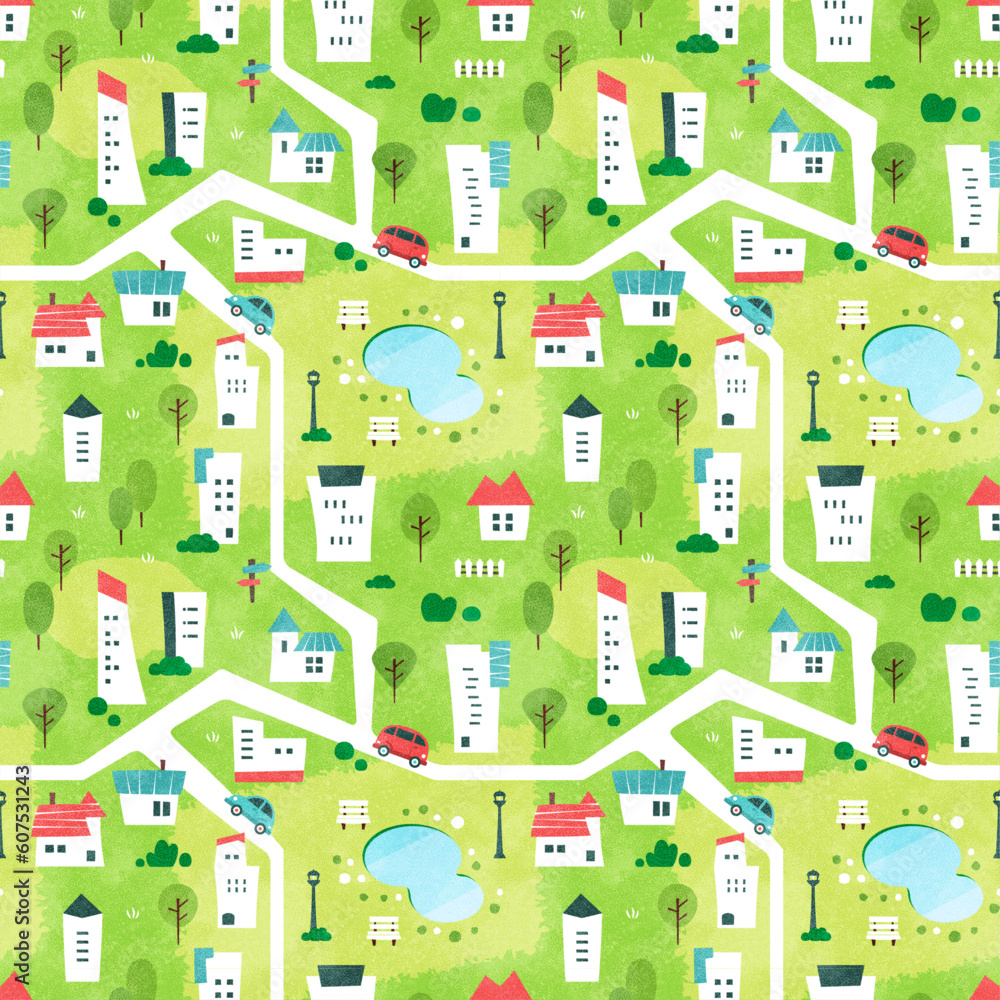 自然と共生する街の背景パターン シームレスな水彩風景イラスト 自然と共生する街の背景パターン シームレスな水彩風景イラスト