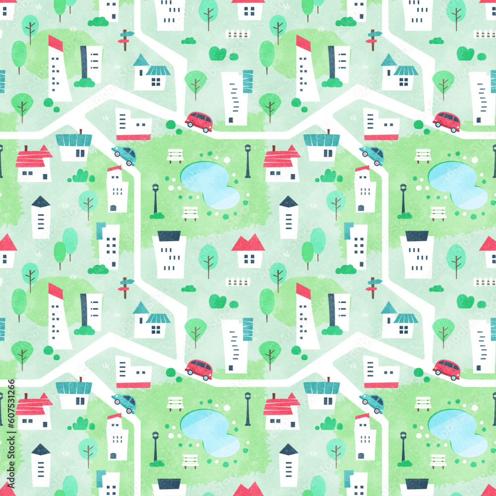 自然と共生する街の背景パターン シームレスな水彩風景イラスト 自然と共生する街の背景パターン シームレスな水彩風景イラスト