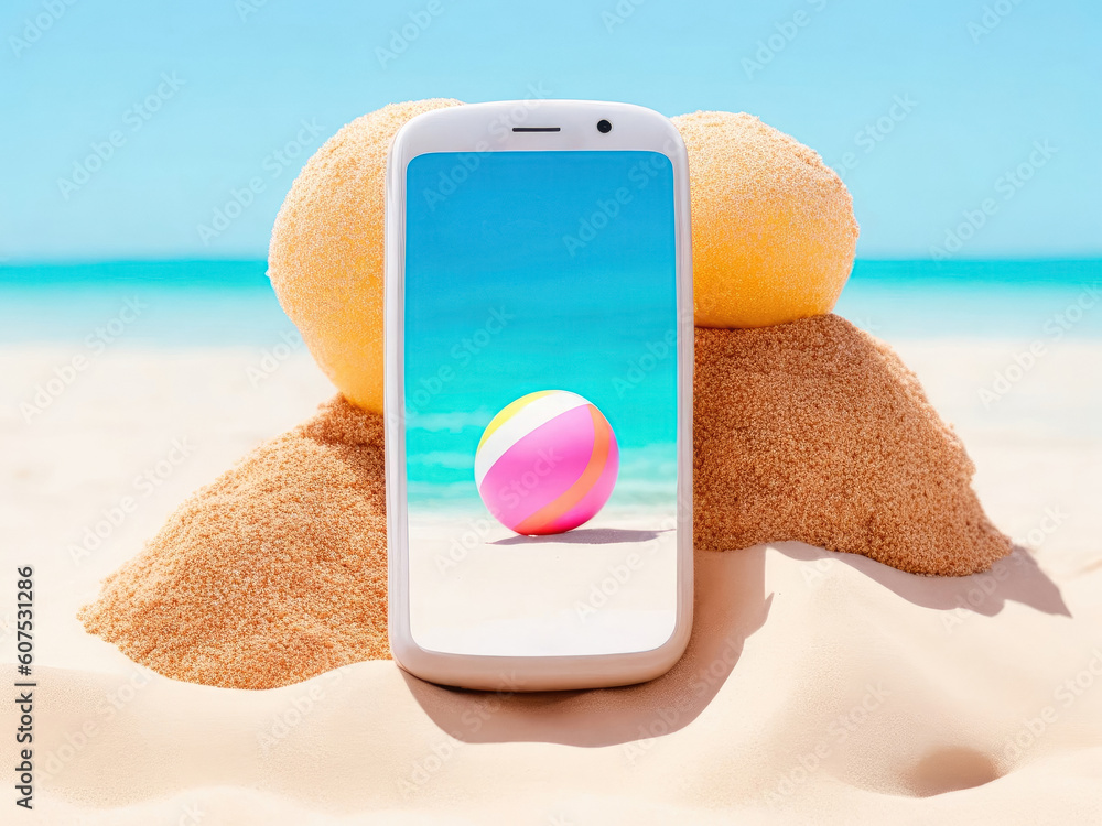 Phone lying on a beach with a display showing a beautiful seaside scene featuring the ocean. Generative Ai, Ai.