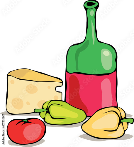 Still life with vegetables, cheese and bottle of wine
