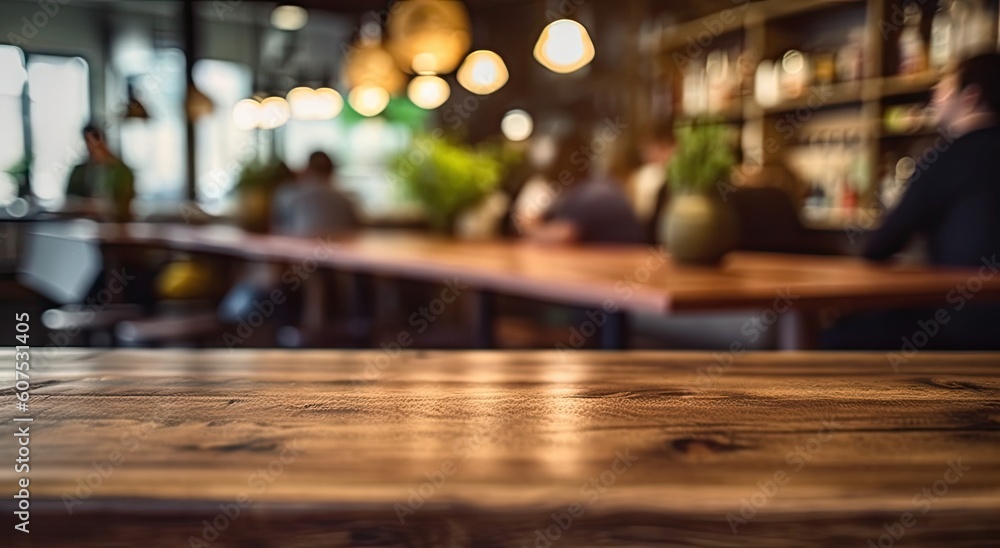 Coffee Delight. Product Showcase. Empty Wooden Table with Blurred Coffeeshop Background