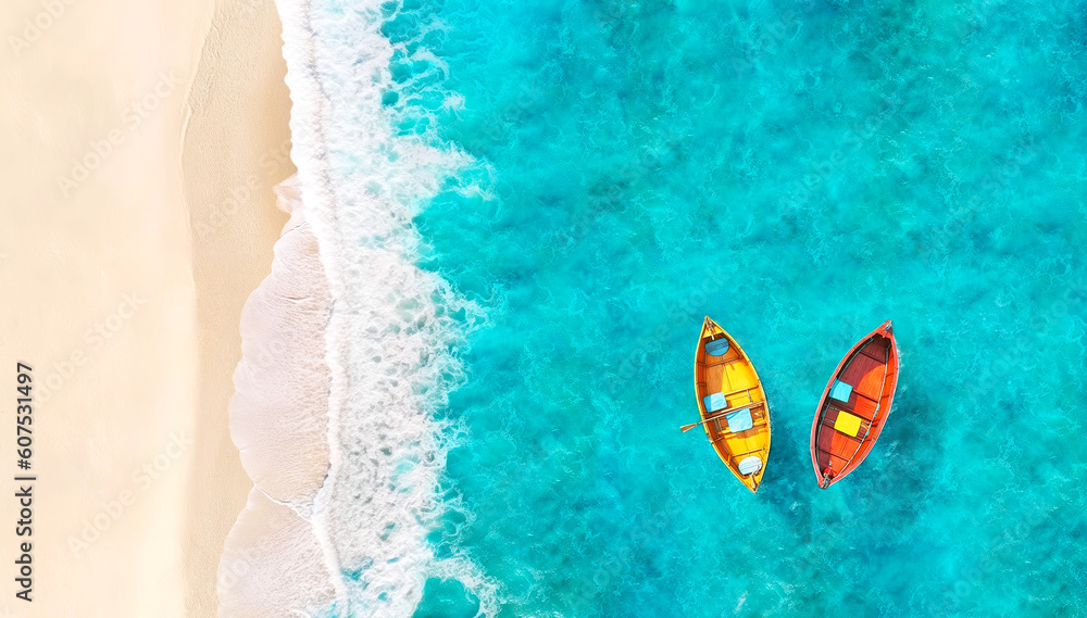 Fototapeta premium Aerial View of Sandy Tropical Beach and Ocean with Two Yellow and Red Boats Floating on Turquoise Water. AI generative. Summer Poster Background.