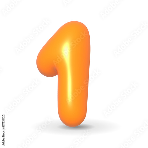 Luxury, glossy and lustrous orange balloon digit one. 3d realistic illustration isolated on white background. For Happy Birthday, Anniversary, Sales.