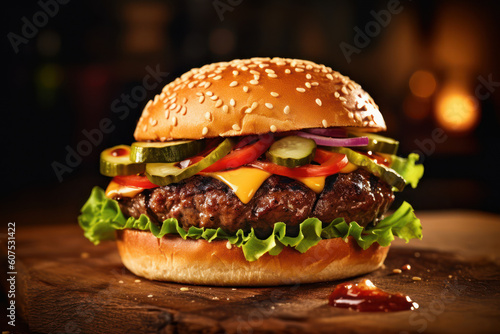 A hamburger on black background with Ai Generated