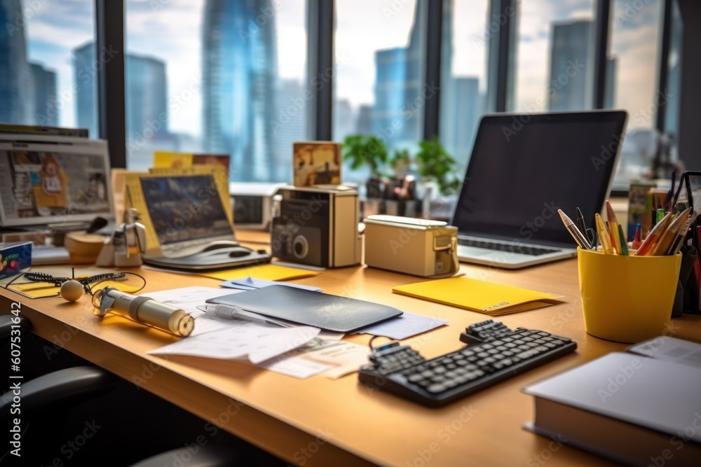 stock photo of office table in cubicle desk and stuff tools equipment photography Generative AI stock photo of office table in cubicle desk and stuff tools equipment photography Generative AI