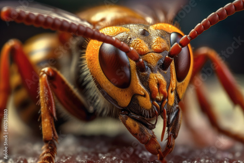 Zooming in on nature's fierce defenders, a close-up captures the intricate details of hornets in all their formidable glory. With their distinct yellow and black markings. Generative Ai, Ai.