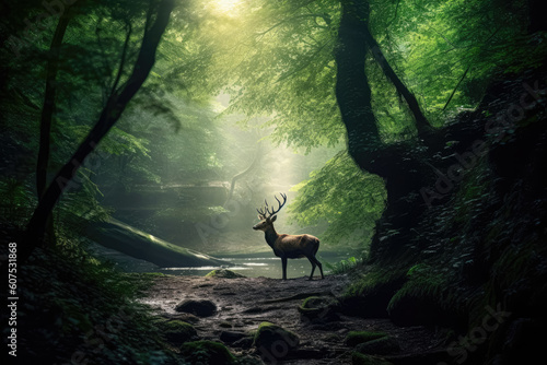 In a picturesque green forest, a magnificent stag gracefully stands, showcasing its majestic beauty. The sunlight filters through the lush canopy. Generative Ai, Ai. © Sebastian
