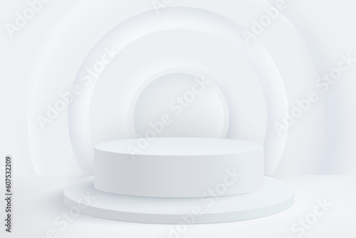 White cylinder podium and round neumorphic shapes on background. Minimal scene for product display presentation