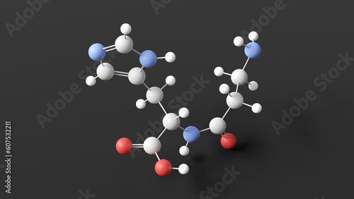 carnosine molecule, molecular structure, l-carnosine, ball and stick 3d model, structural chemical formula with colored atoms