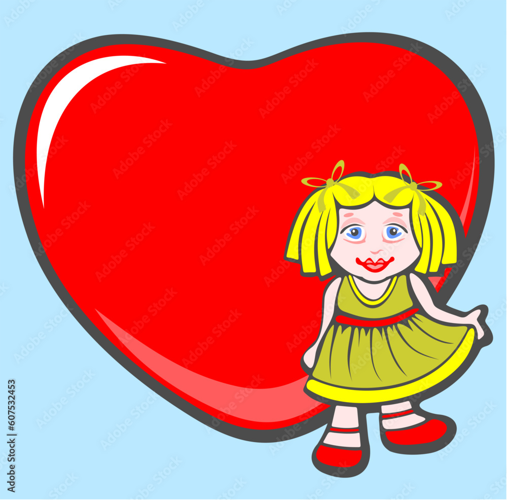Cartoon little girl and ornate heart on a blue background. Cartoon little girl and ornate heart on a blue background.