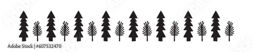 Whimsical border of vector fir trees for woodland scandi decor. Pine objects in banner isolated on white background.