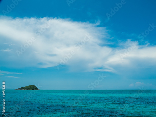 Panorama front view landscape Blue sea and sky blue background morning day look calm summer Nature tropical sea Beautiful ocen water travel Beach Nang Rum East thailand Chonburi Exotic horizon.