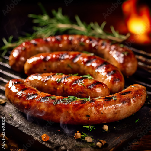 Grilled sausages during the preparation closeup isolated on black background, generative AI