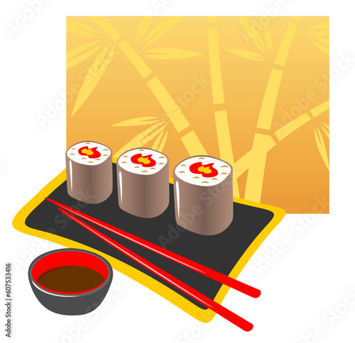 Plate from a Japanese rolls, chopsticks and soya  sauce on a white background.