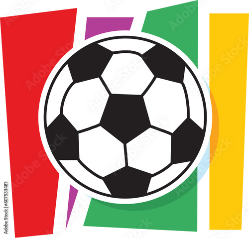 A stylized soccer ball on a striped background