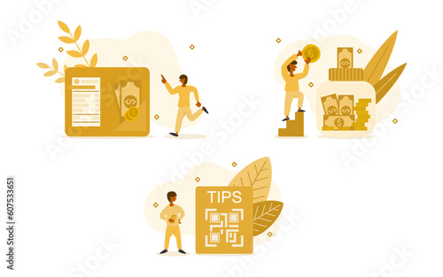tips service illustration set. characters tipping service fees such as bill book, tips box and QR code. giving a tips concept. vector illustration. photo
