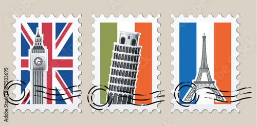 Three Postmarks with sights of Europe and stamps