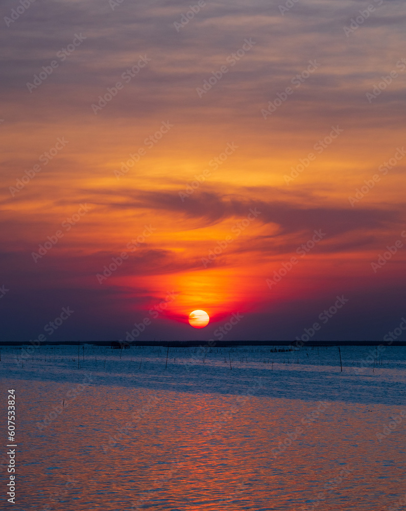 landscape viewpoint for design postcard and calendar summer sea wind wave cool on holiday calm sea coastal area big sunset sky light orange golden evening hours day At Chonburi Thailand