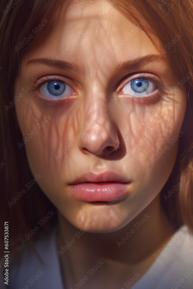 Close-up of a blue-eyed, ethereal-looking young woman - ai generative Close-up of a blue-eyed, ethereal-looking young woman - ai generative