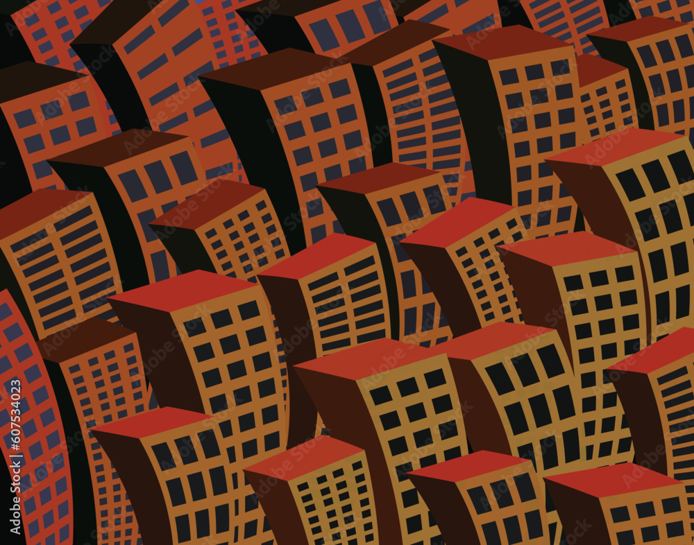 Obraz premium Editable vector illustration of bending skyscrapers at night