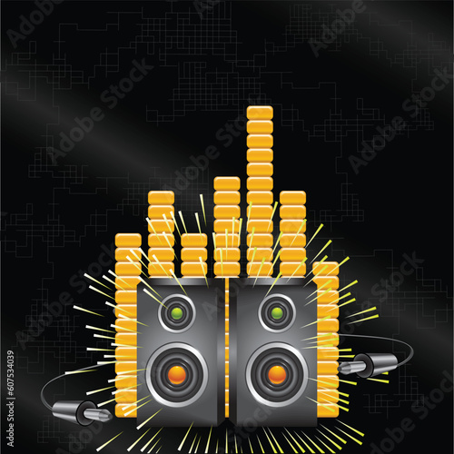 Black background with equalizer, speakers and jacks