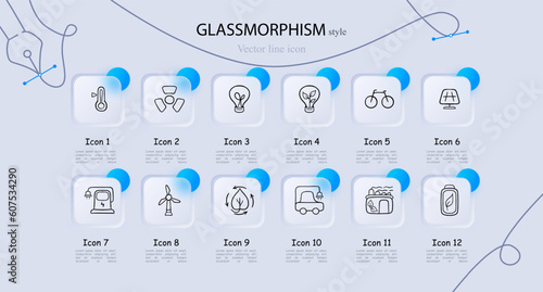 Eco-friendly energy solutions. Harness renewable resources for sustainable power generation. Clean, green, renewable energy. Glassmorphism style. Vector line icon for business