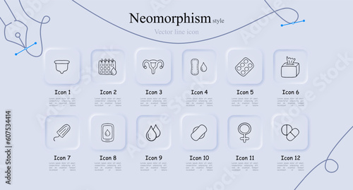 Menstruation awareness and care. A natural bodily process in women characterized by the shedding of the uterine lining. Neomorphism style. Vector line icon for Business