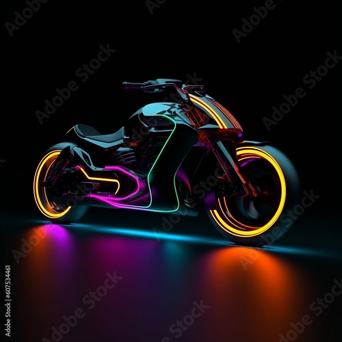 Neon-lit Futuristic Motorcycle Design on Dark Background, generative AI