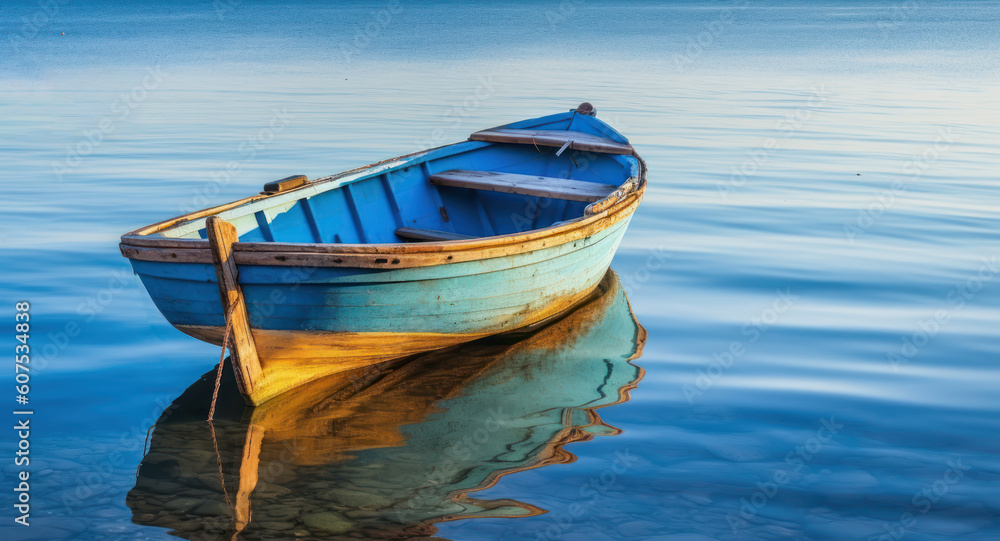 small colorful wooden fishing boat on water. generative ai