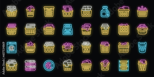 Laundry basket icons set outline vector. Clothes dirty. Wash fold neon color on black