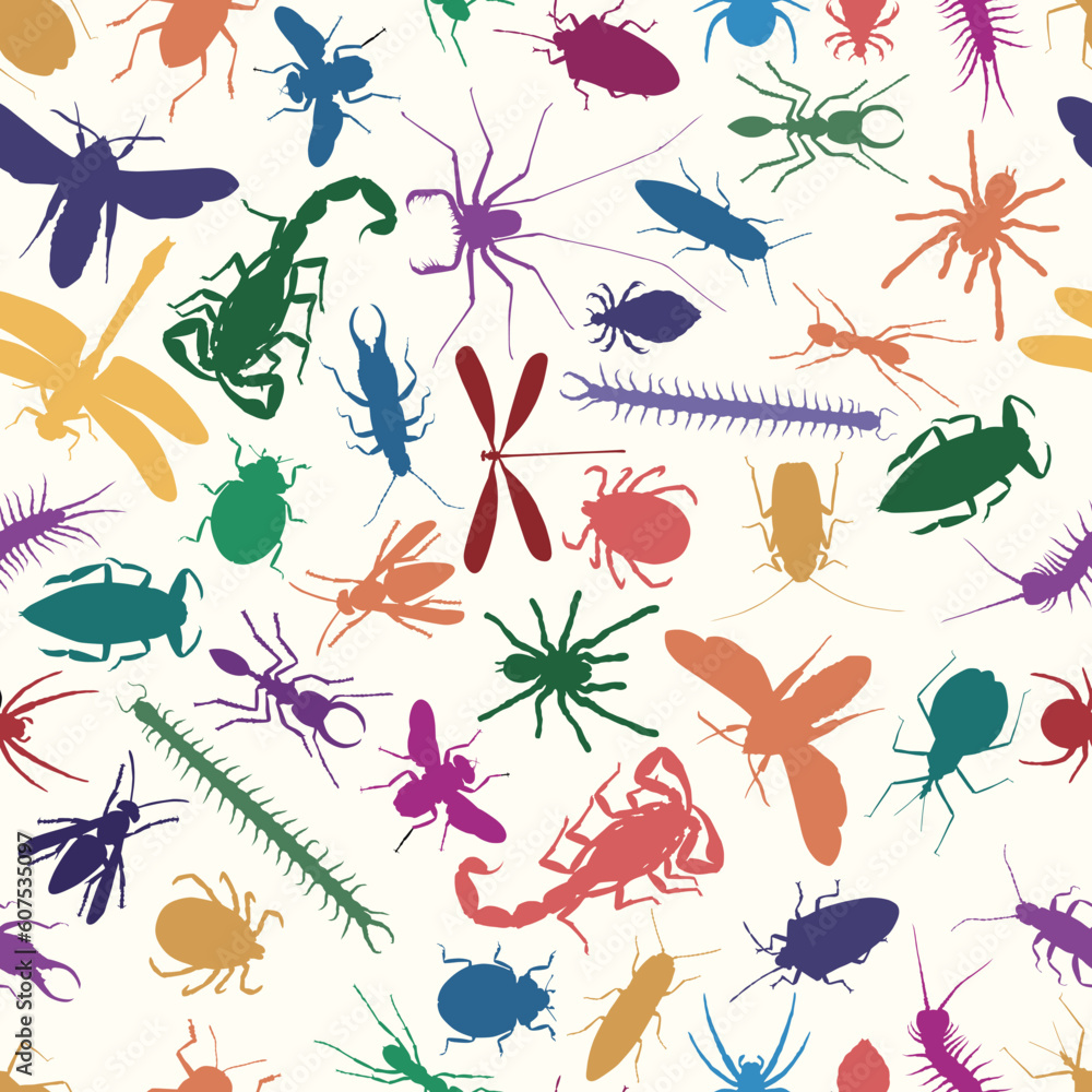 Obraz premium Editable vector seamless tile of various insects and other invertebrates