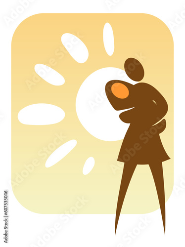 Symbol of motherhood. Stylized woman with baby on a background with sun.