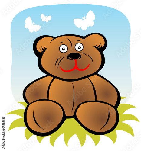 Cartoon toy bear and butterflies on a blue sky background.