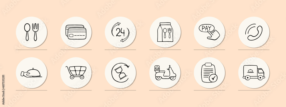 Food delivery service providing a convenient and delicious culinary experience. Enjoy a wide selection of freshly prepared. Pastel color background. Vector line icon for business Food delivery service providing a convenient and delicious culinary experience. Enjoy a wide selection of freshly prepared. Pastel color background. Vector line icon for business