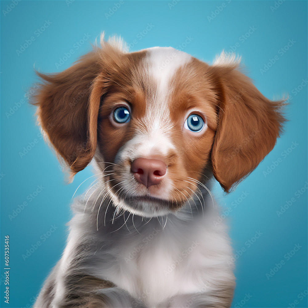 adorable puppy on blue background, ai generated