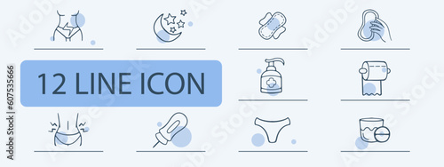 Essential feminine hygiene products for women's well-being and comfort. Pastel color background. Vector 12 line icon for business